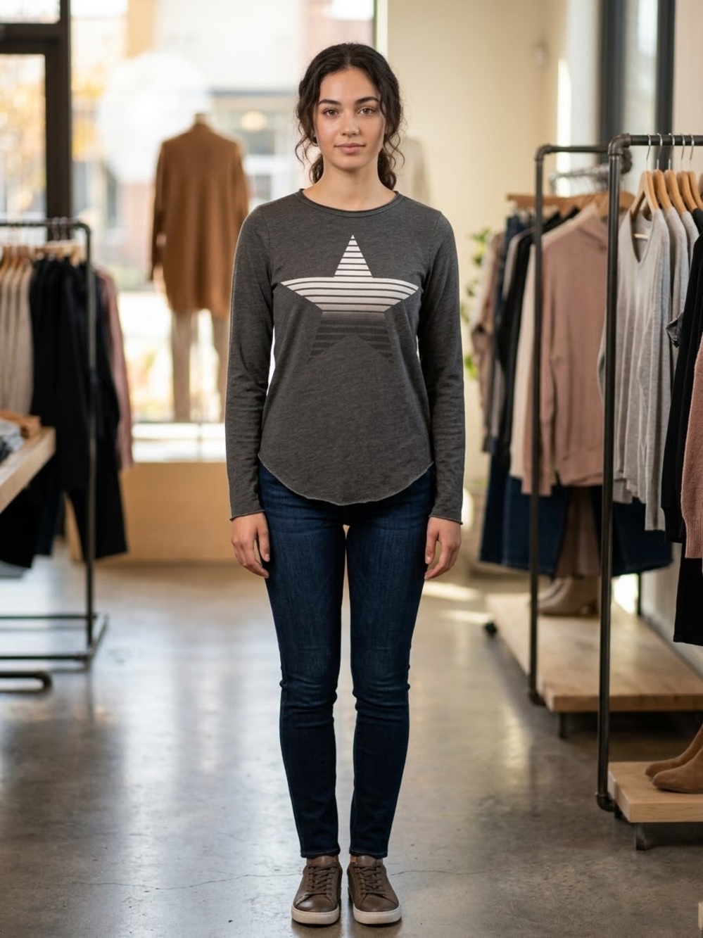 New Chaser Charcoal Striped Star Long Sleeve Graphic Tee Size XS